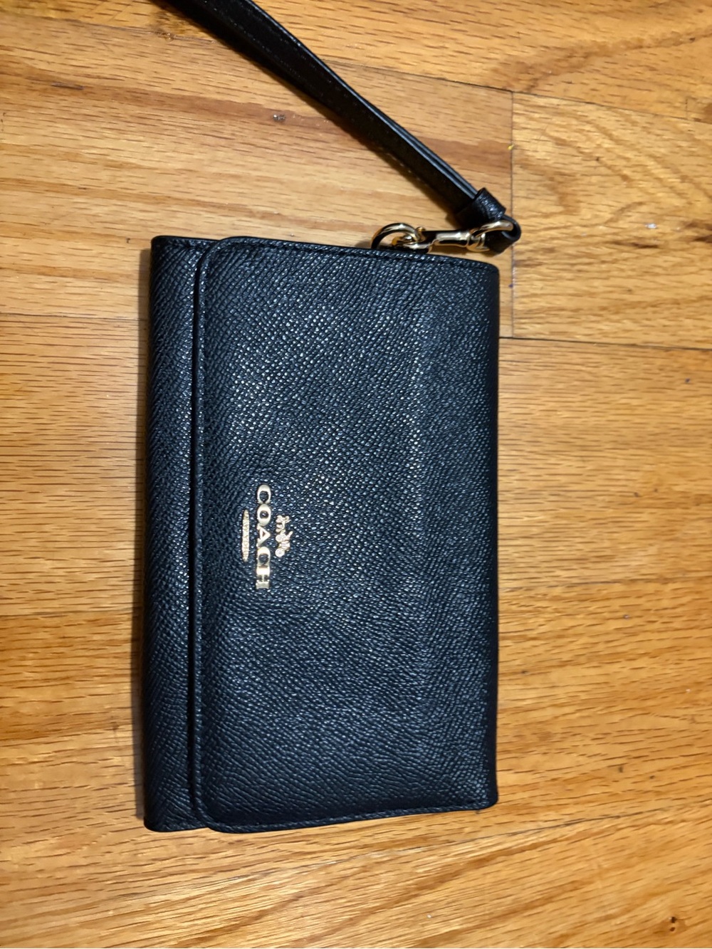 Coach Black Saffiano Leather Wristlet Wallet with Gold Logo